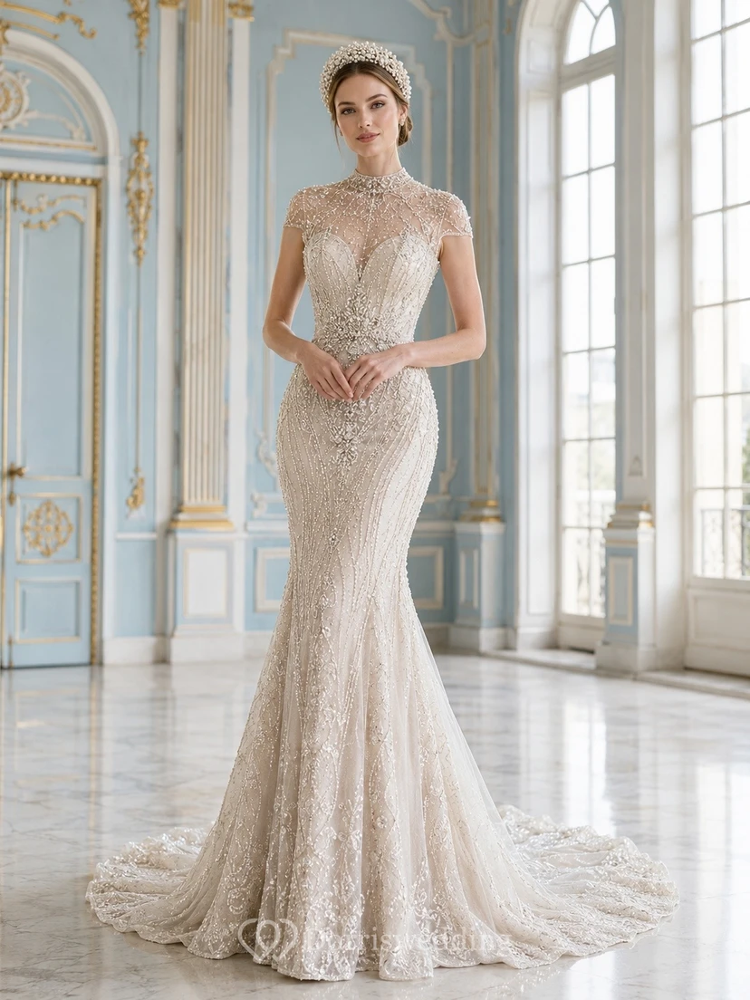 Vestido de novia clásico de tul con cola larga para ceremonia.