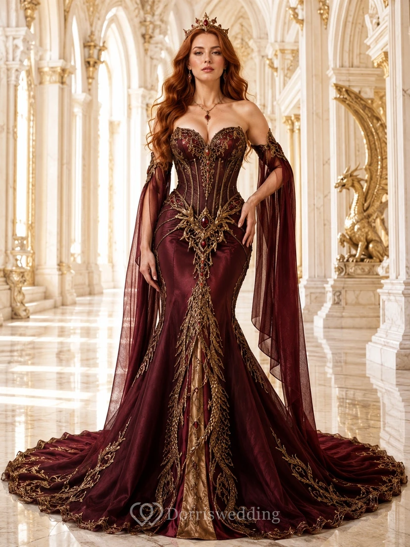 Burgundy Gold Off-the-shoulder Embroidered Mermaid Cape Train Fantasy Evening Gown