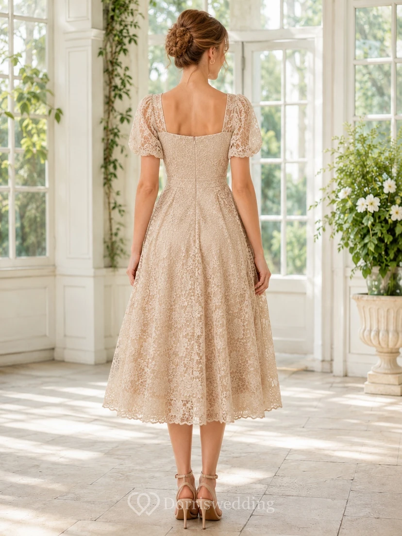 Beige Lace Square Neck Puff Sleeve Tea-length A-Line Romantic Guest Dress view 2