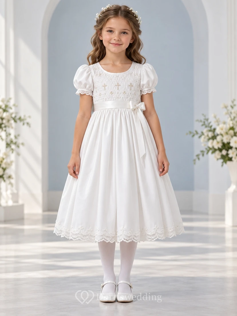 Tea-length White Cross Smocked Puff Sleeve Bow First Communion Dress