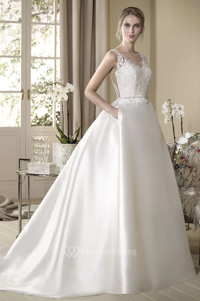 Ball Gown Floor-Length Appliqued V-Neck Sleeveless Satin Wedding Dress