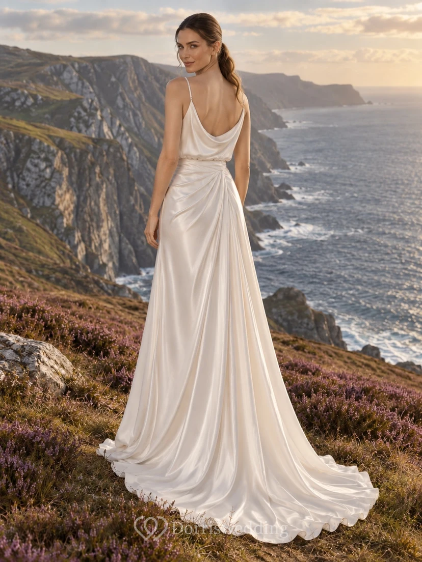 Vestido de novia sencillo de charmeuse, sin mangas, con escote drapeado y cola. view 2