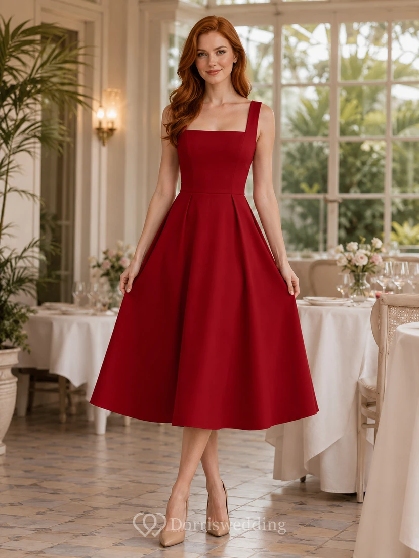 Robe de fiançailles/dîner rouge en satin à col carré et coupe trapèze, longueur thé