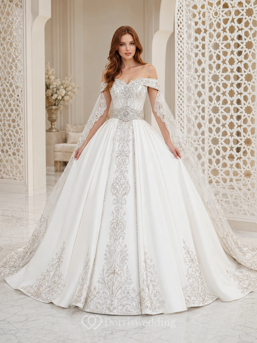 Robe de bal orientale de princesse, épaules dénudées, manches longues en dentelle, robe de mariée cathédrale