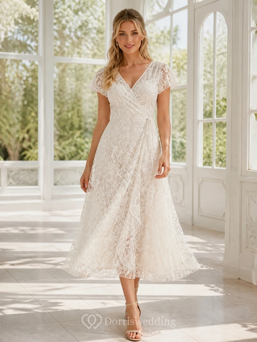 Vintage-Kleid aus Spitze, schlicht, teelang, A-Linie, V-Ausschnitt, kurze Ärmel