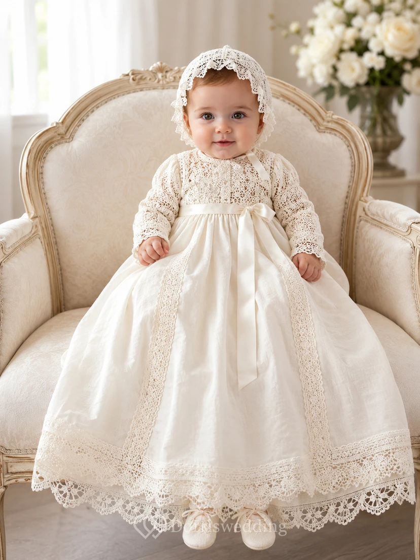 Vestido de bautizo de bebé de encaje de ganchillo, corte A, manga larga, cuello alto, elegante y vintage.