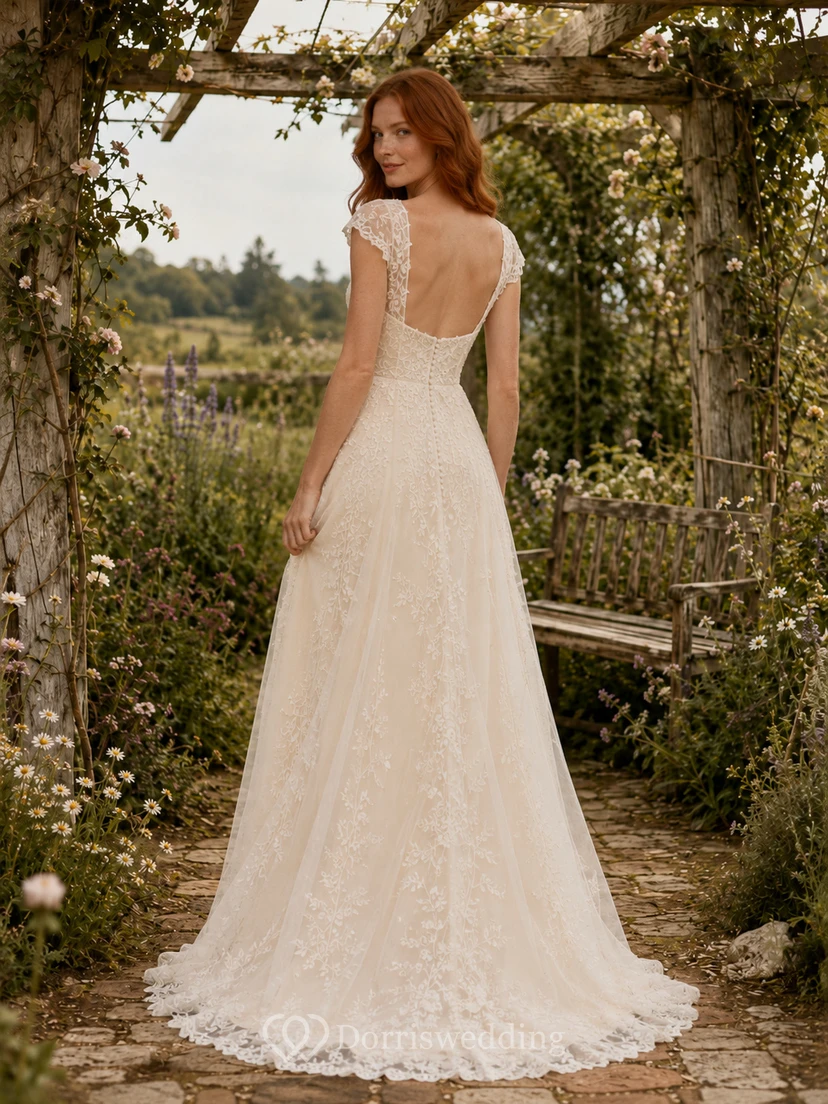 Vestido de novia vintage con escote en V, encaje, corte en A y espalda descubierta view 2