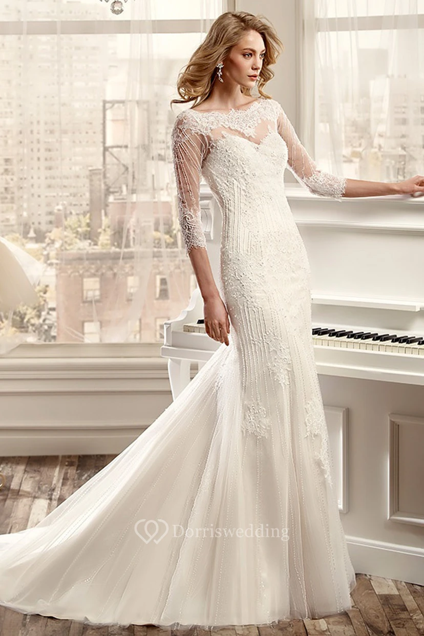 Sheath Beaded Bateau Long 3-4-Sleeve Tulle Wedding Dress With Appliques And Illusion Back