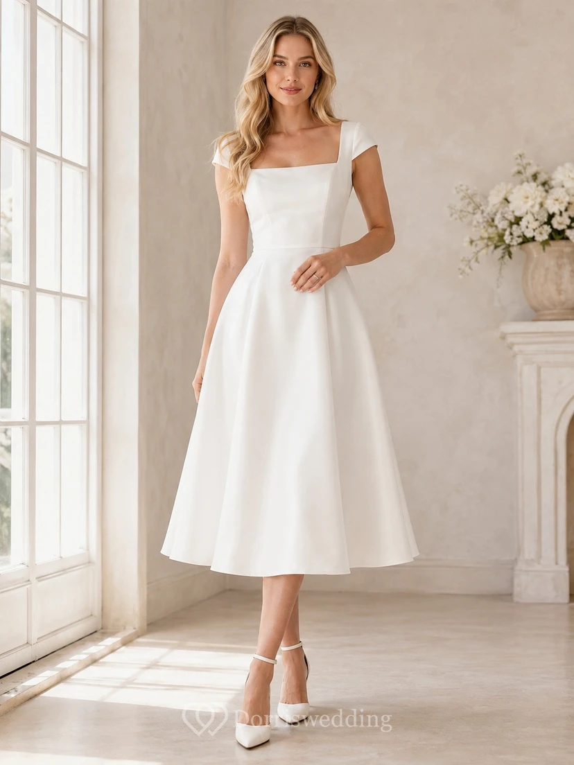 Vestido sencillo blanco de corte A con escote cuadrado y mangas cortas, largo hasta la rodilla.