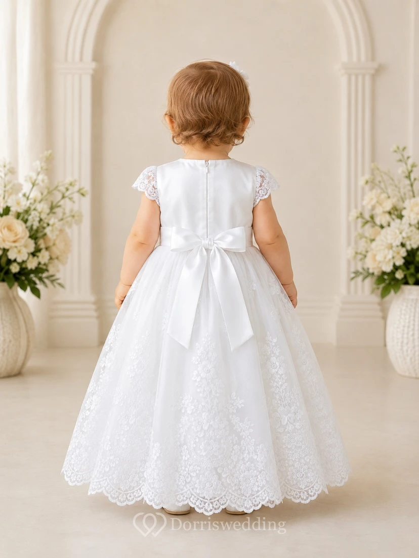 White Baby Lace Jewel Neck Cap Sleeve Bow Trimmed A-Line Ankle Christening Dress view 2