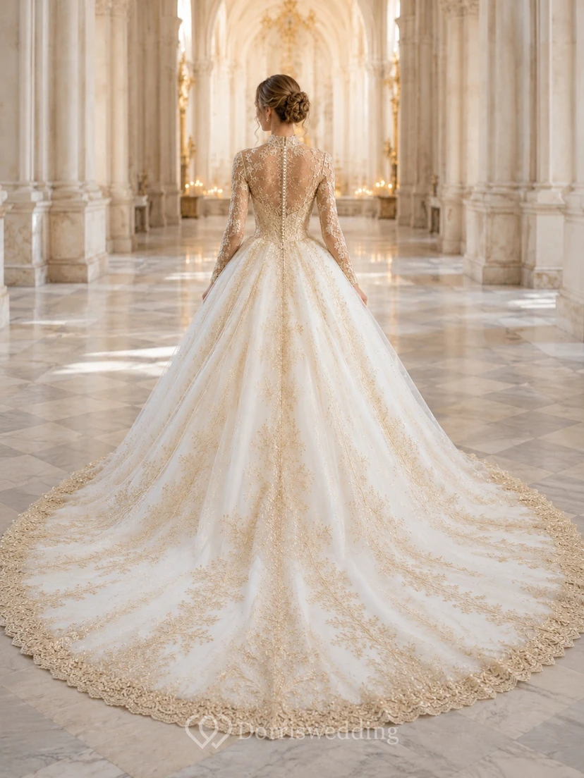 Goldenes, königliches Spitzenballkleid, Brautkleid mit hohem Kragen, langen Ärmeln, bodenlangem Kathedralenschleppen, Luxus view 2