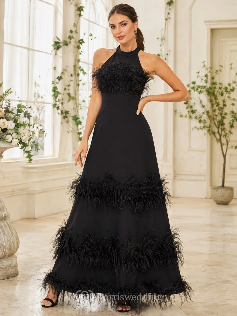Robe de soirée de luxe noire à col montant, dos nu et plumes à volants, coupe trapèze, longueur au sol.