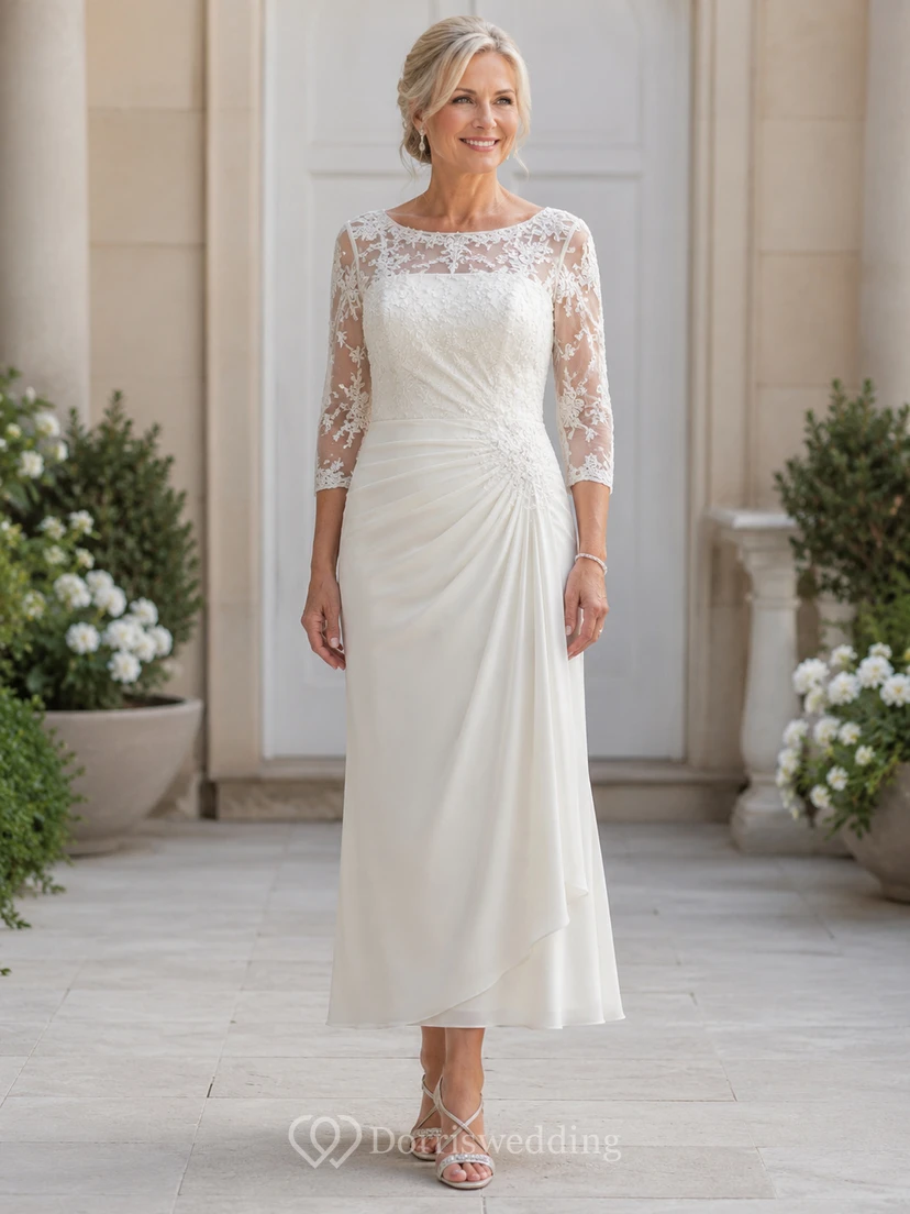 Ankle Length Sheath Older Brides Wedding Dress with Lace Sleeves and Draping
