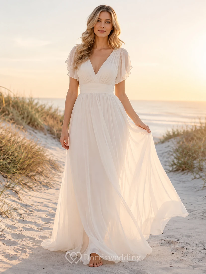 Robe de mariée bohème en mousseline, col en V, manches papillon, coupe empire, longueur au sol, idéale pour la plage
