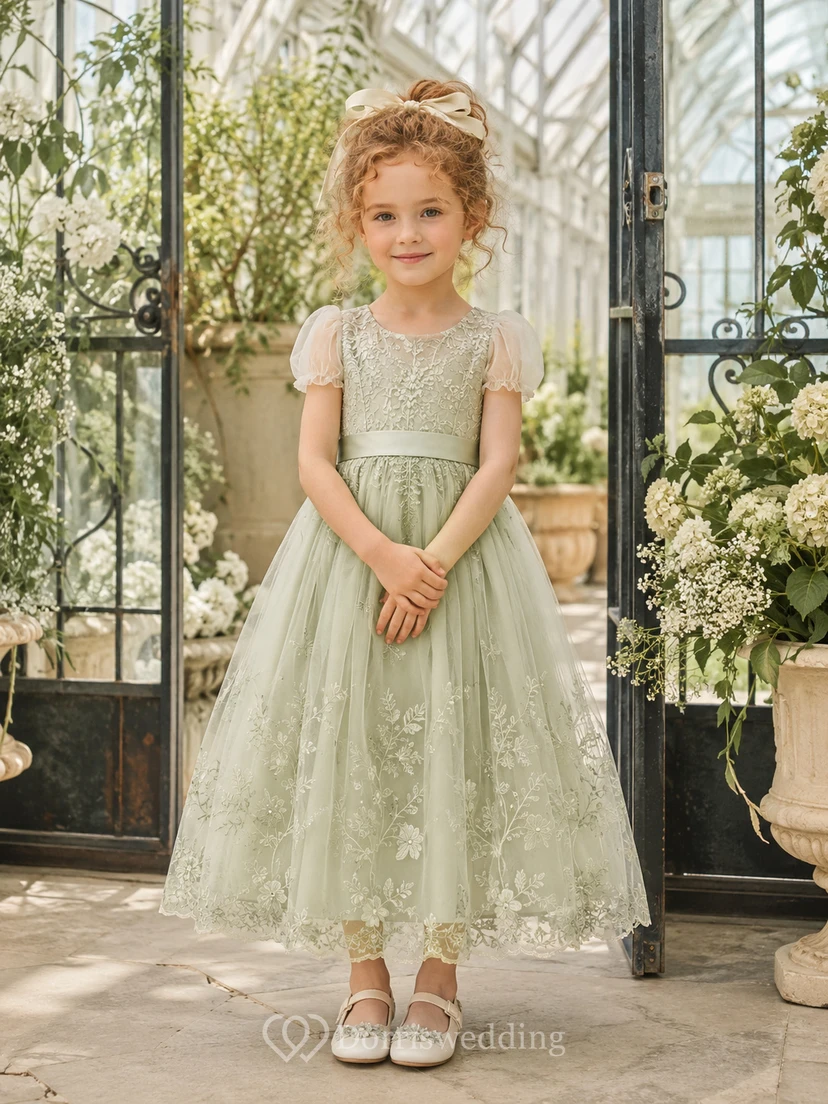 Sage Flower Girl Dress Tea-Length Floral Lace Tulle A-Line Jewel Neck Sheer Puff Sleeve Scalloped Hem