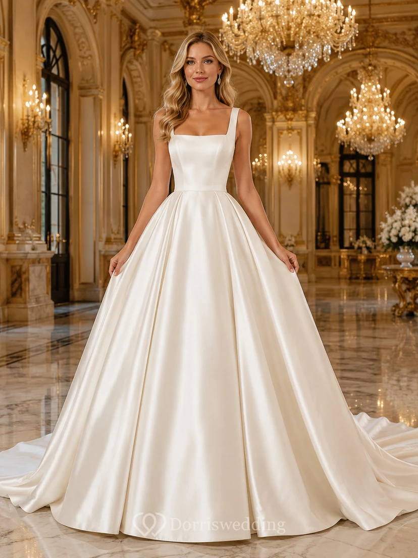 Square Neck Satin Ball Gown Grand Ballroom Bridal Gown