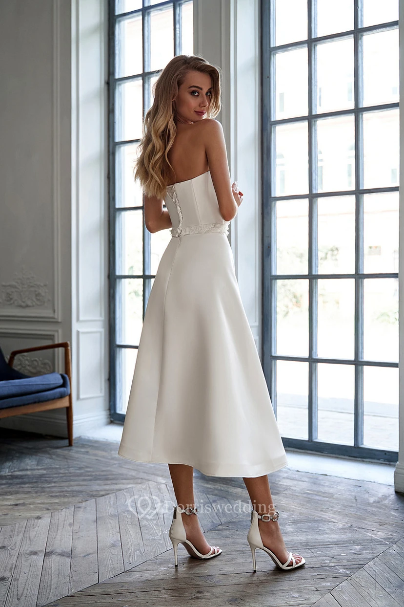Simple Satin Strapless A-line Tea-length Wedding Dress view 2