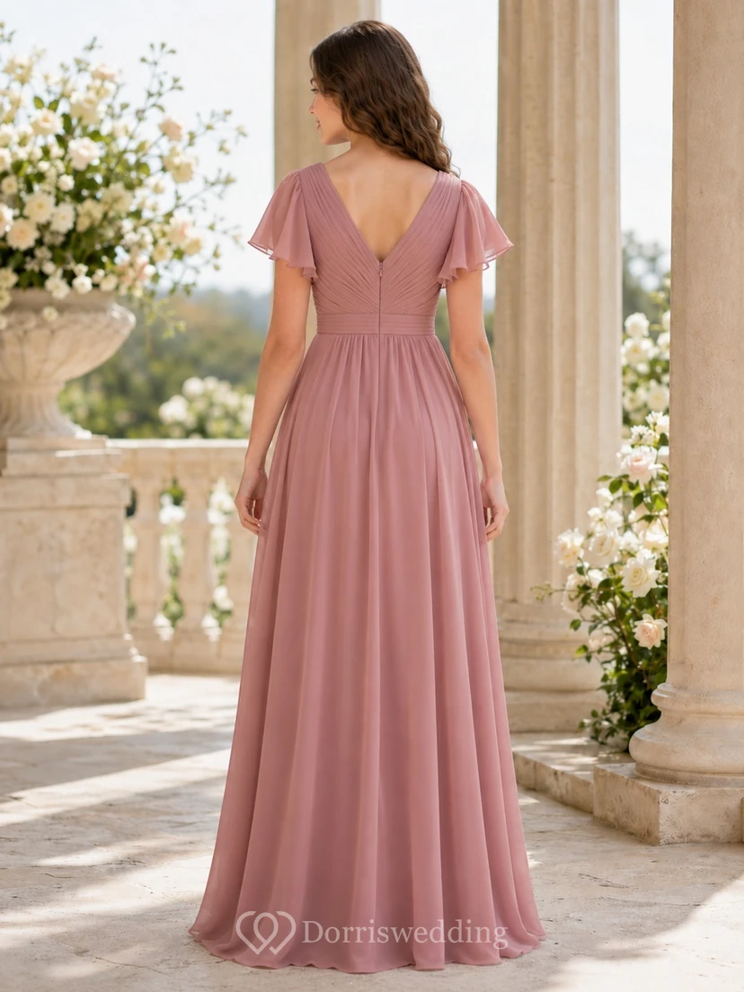 Vintage-Brautjungfernkleid in Mauve, A-Linie, V-Ausschnitt, kurze Blütenblattärmel, elegant und romantisch view 2
