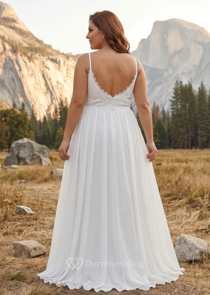 Plus Size Lace Bodice Chiffon Wedding Dress with Spaghetti Straps view 2