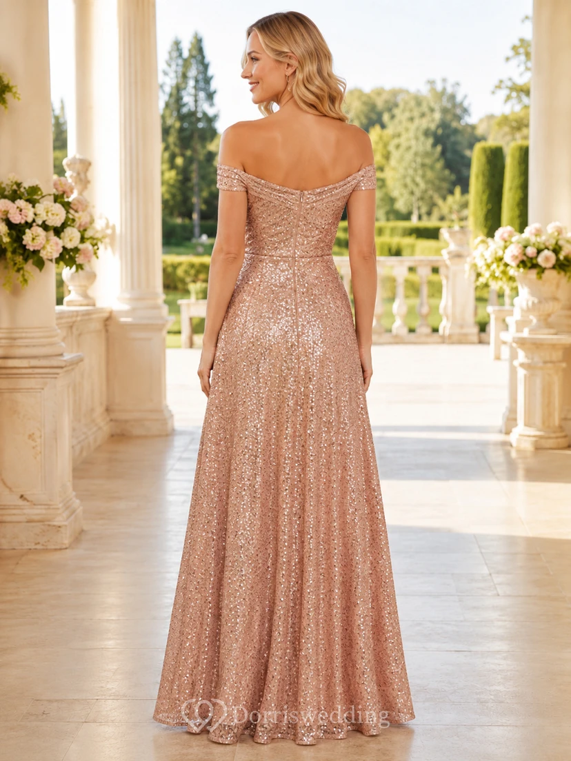 Glamouröses, rosafarbenes Pailletten-Abendkleid in Etuiform, bodenlang, schulterfrei, kurze Ärmel view 2