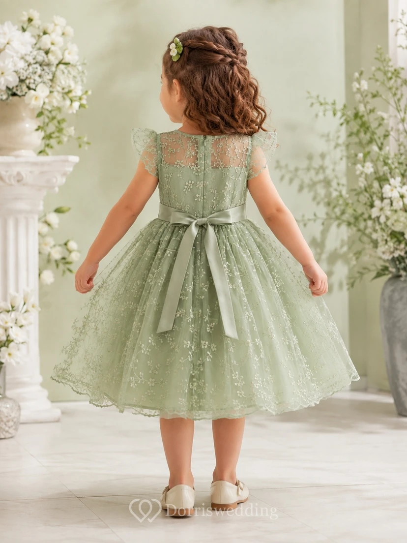 Sage Green Lace Flowergirl A-Line Dress Classic Occasion view 2