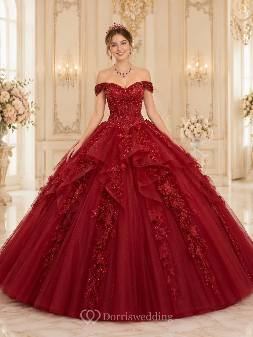 Red Lace Applique Off Shoulder Cap Sleeve Grand Tulle Ball Gown Quinceanera Dress
