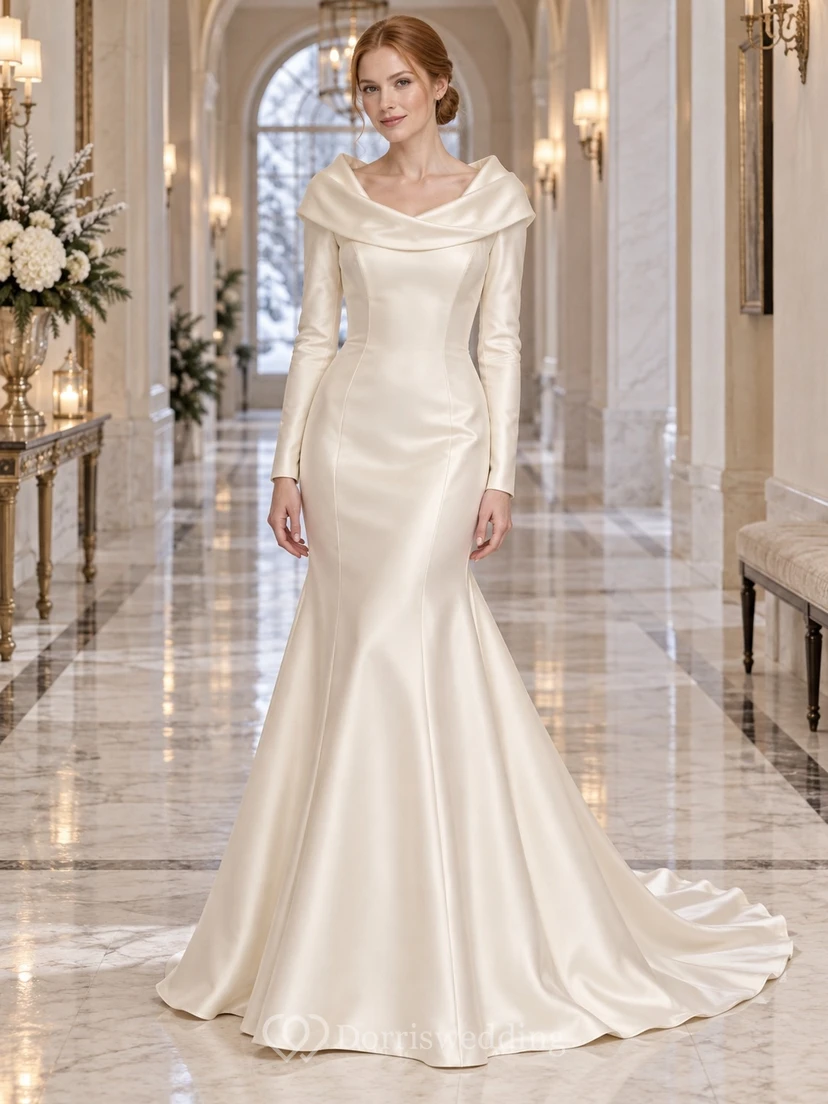 Vestido de novia de satén con cuello drapeado y mangas largas estilo sirena