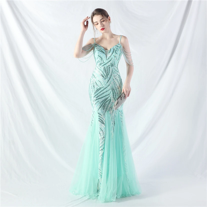 Layered Beads Spliced ​​Mesh High-End Evening Dress view 5