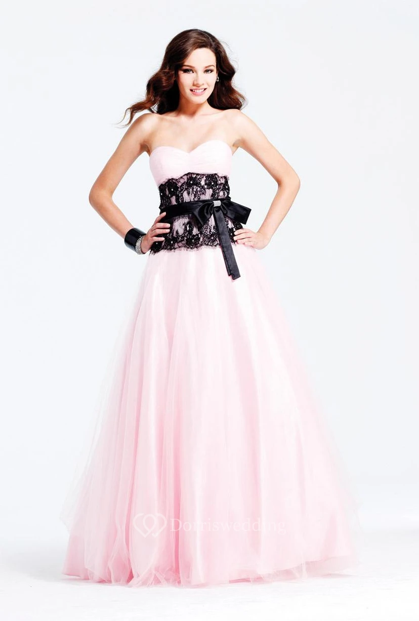 Sweetheart Black Lace Prom Dresses With Hot Bridalsmaid Pink Pleated Tulle Bow Ruffle Gown