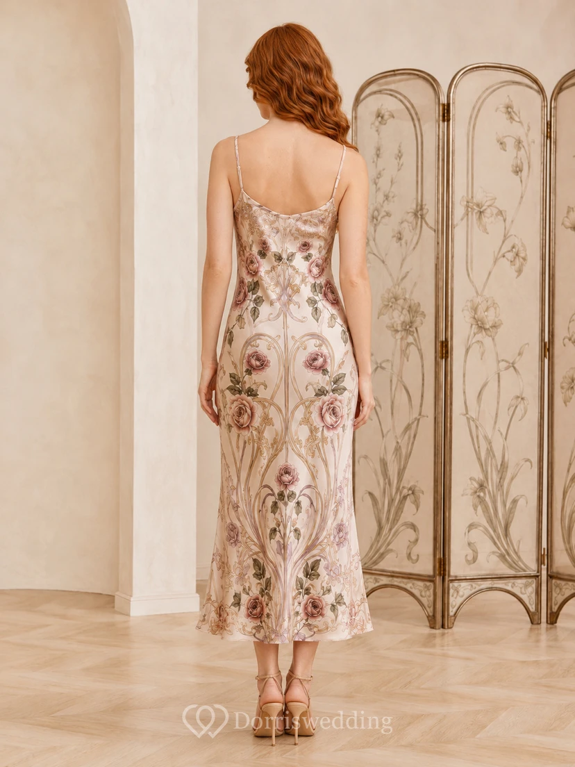Vestido lencero de satén con tirantes finos y estampado floral Art Nouveau view 2