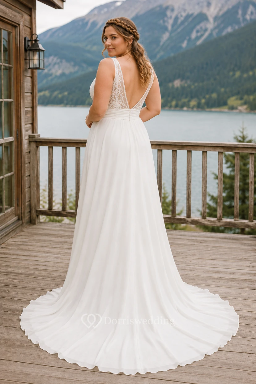 Robe de mariée de plage grande taille, simple, en mousseline, col V, coupe trapèze, avec fente. view 2