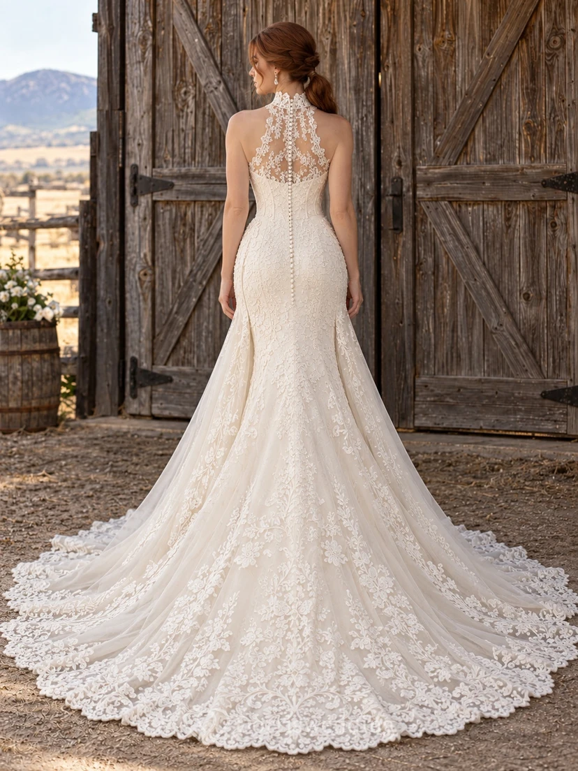 Country Halter High Neck Mermaid Floral Lace Train Wedding Dress view 2
