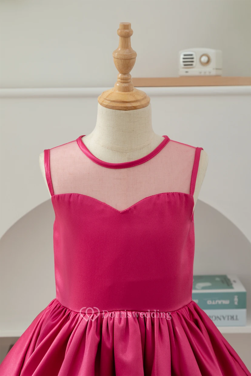 A-line Short Satin Layered Fuchsia Flowergirl Dress view 3