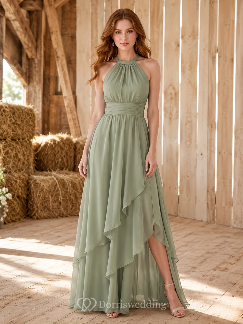 Sage halter chiffon high low ruffle maxi dress