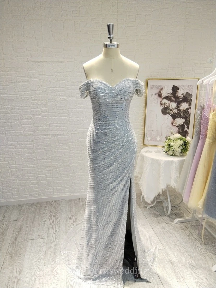 Silbernes, gerafftes Paillettenkleid mit Schlitz vorne und Herzausschnitt, formelles Ballkleid