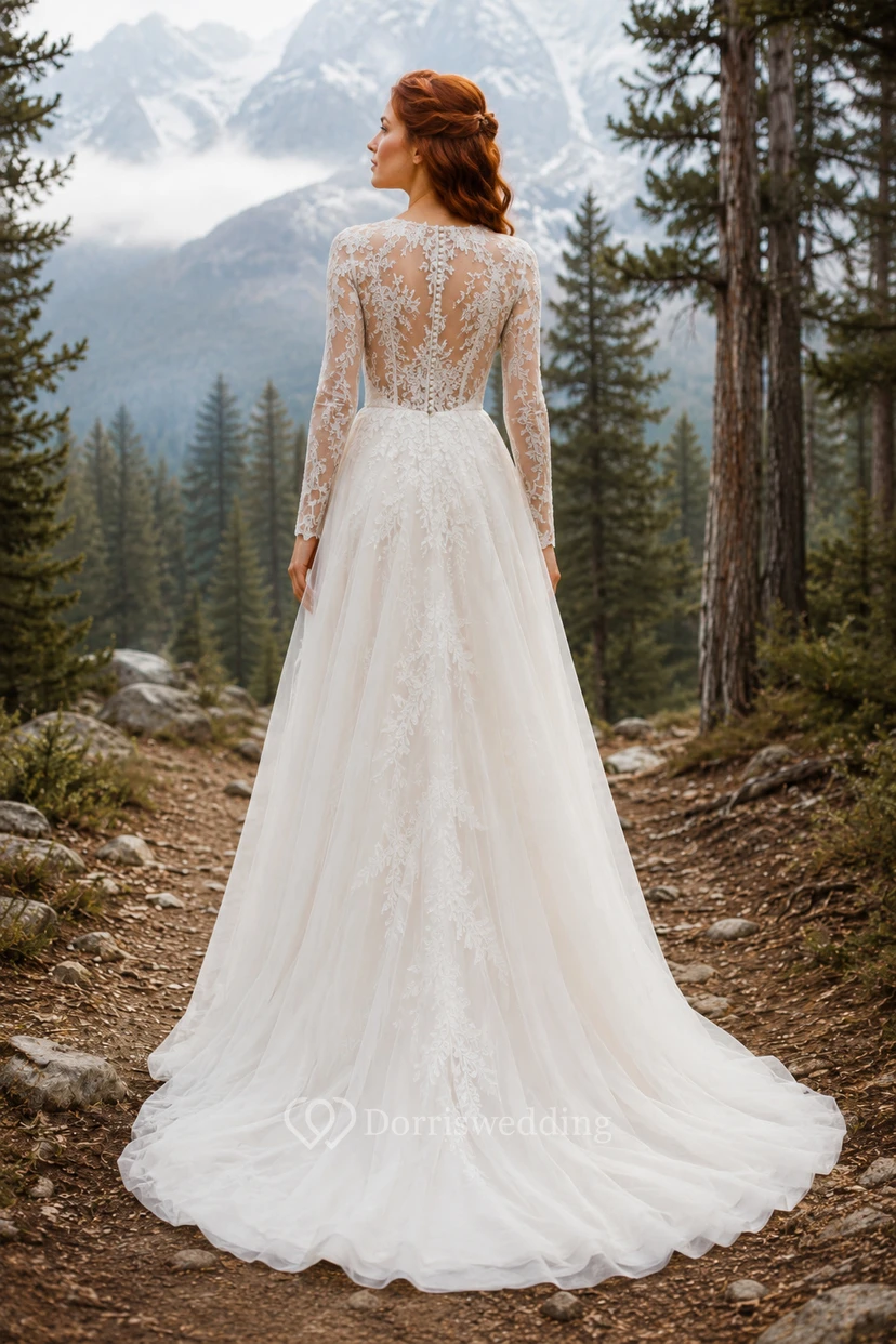 High Neck Long Sleeve A-Line Wedding Dress view 2