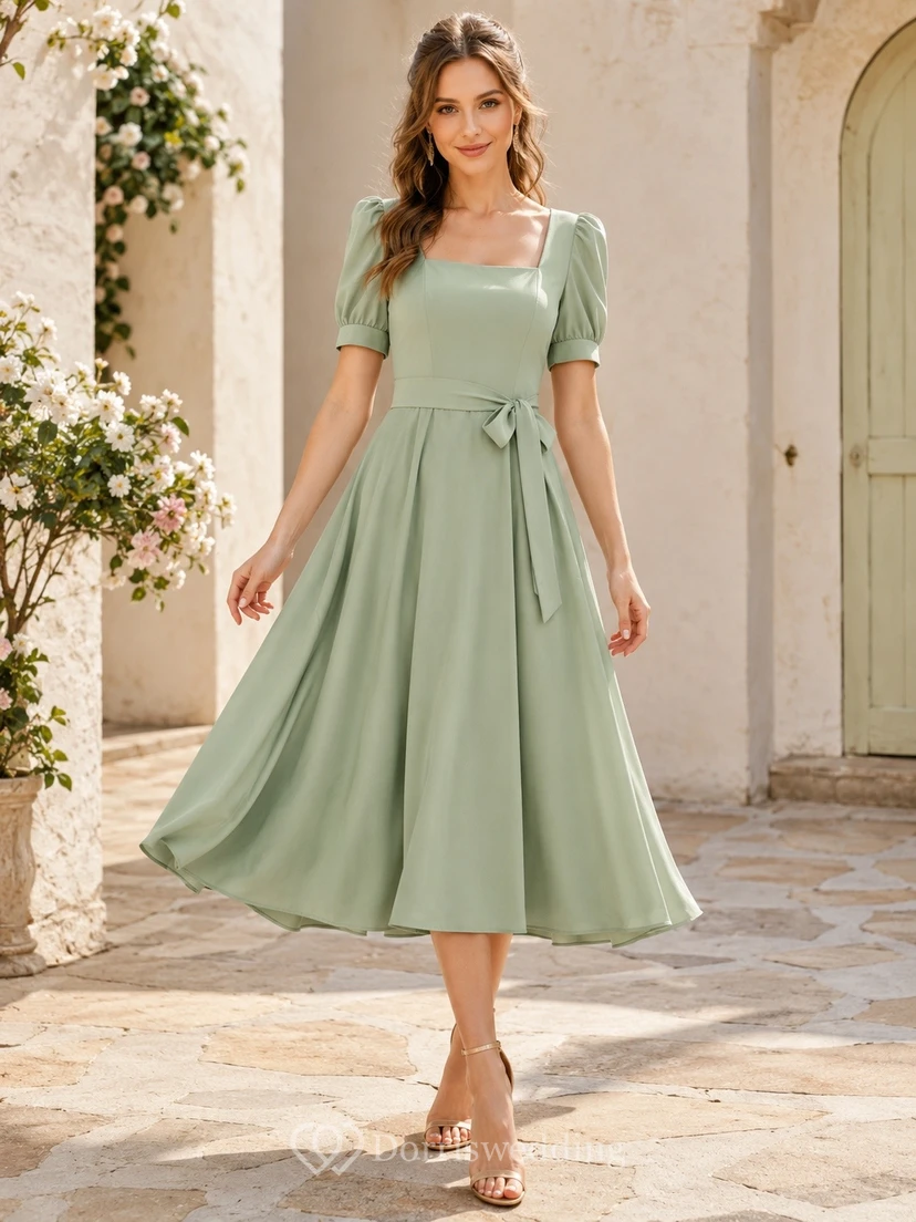 Sage Chiffon Scoop Neck Short Sleeve A-Line Tea-length Semi-formal Dress
