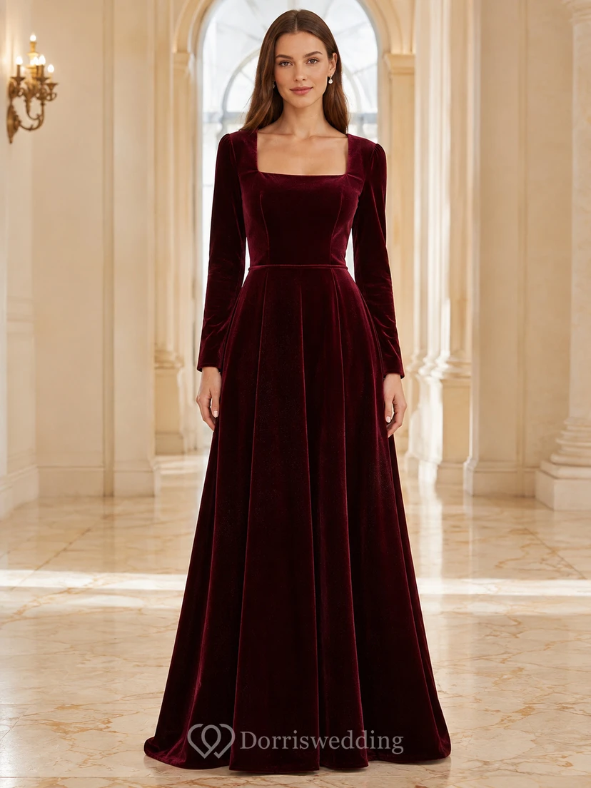 Weinrotes, burgunderfarbenes, eckiges Samtkleid mit langen Ärmeln, A-Linien-Schnitt, bodenlang, schlicht und elegant – perfekt für formelle Anlässe.
