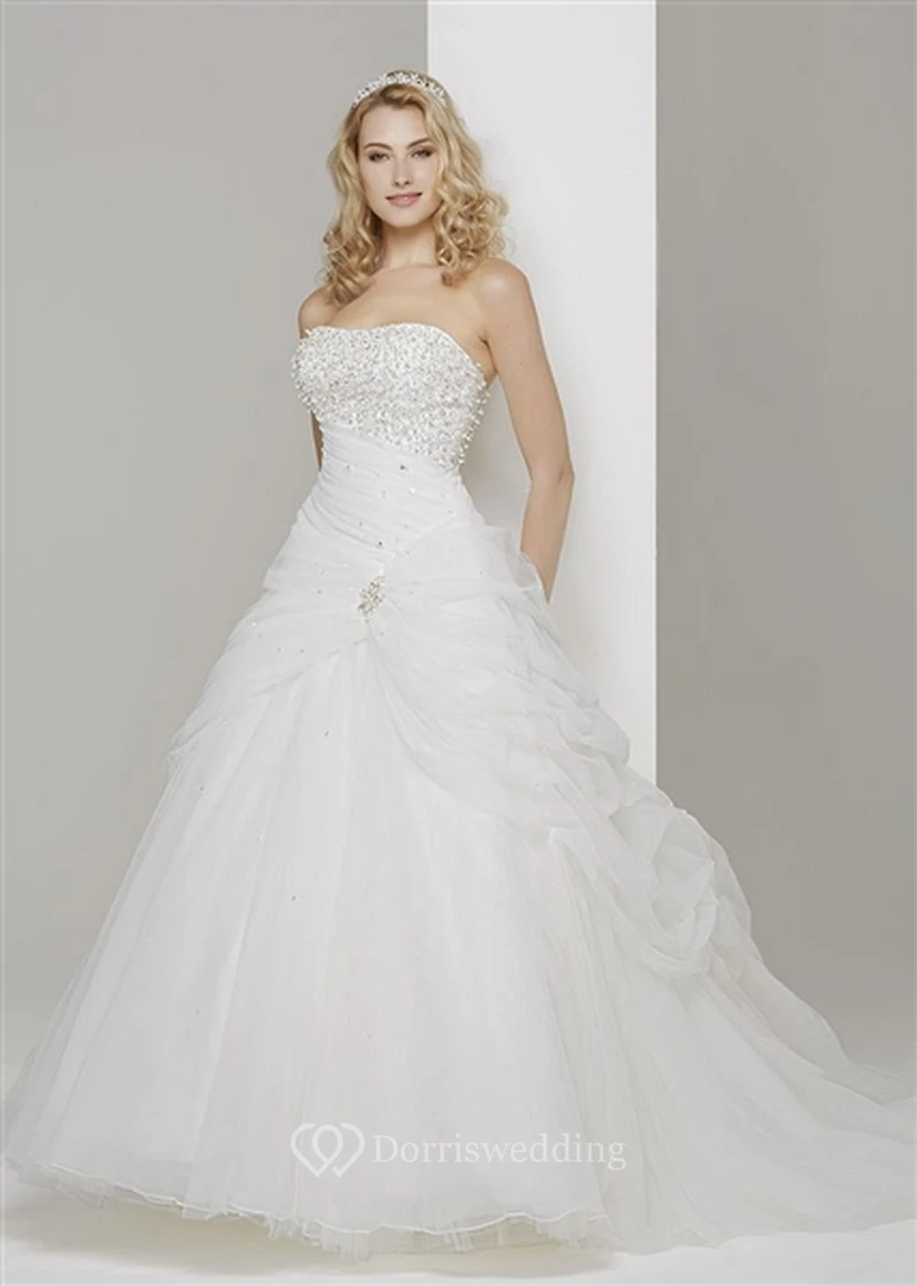 Ball Gown Maxi Pick-Up Strapless Sleeveless Tulle Wedding Dress With Beading