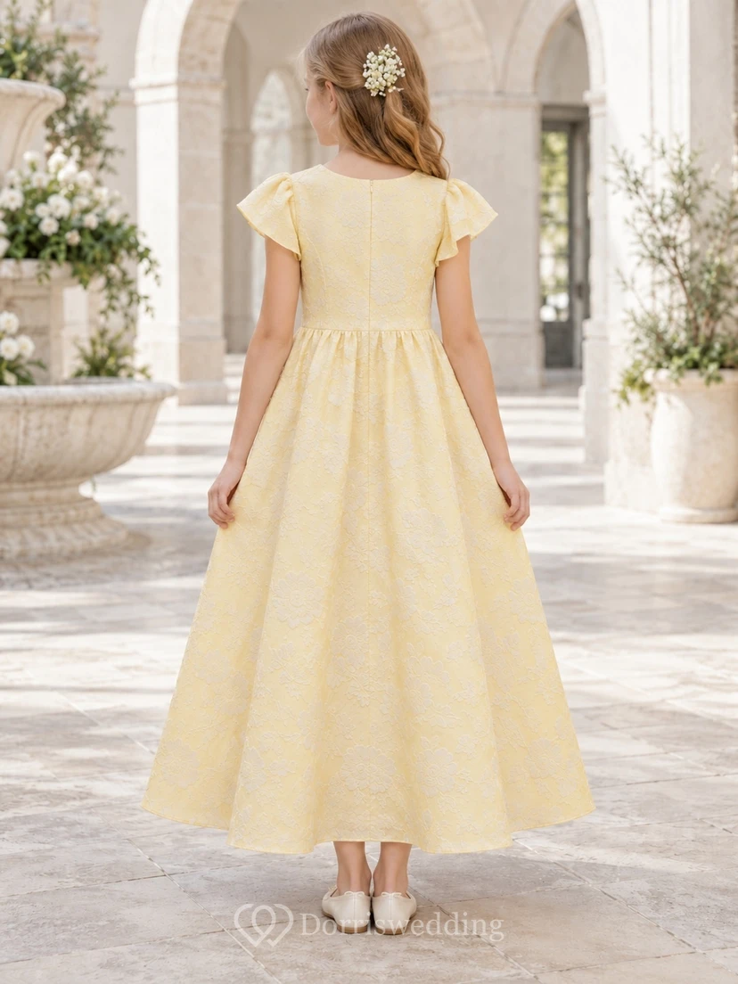 Yellow Floral Bateau Flutter Sleeve Jacquard A-line Flower Girl Dress view 2