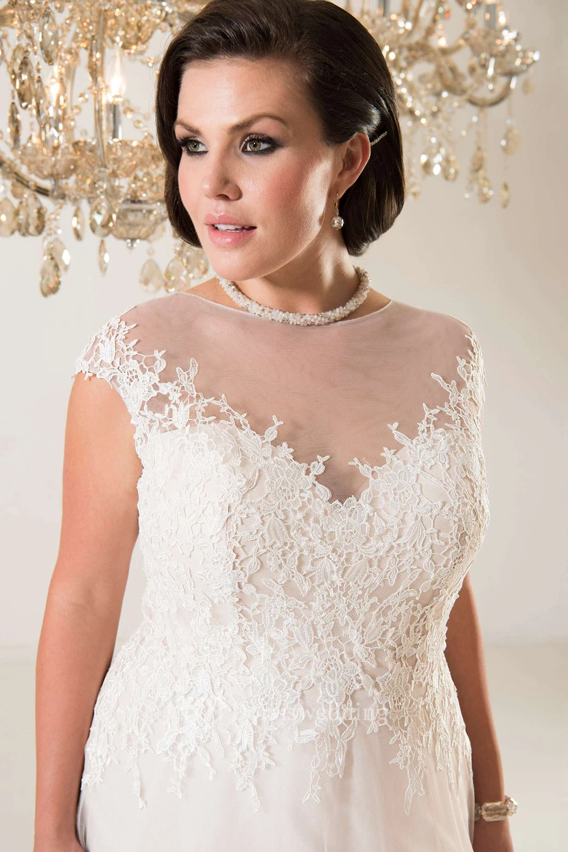 A-Line Floor-Length Jewel Neck Cap Tulle Chapel Train Illusion Appliques Dress view 3