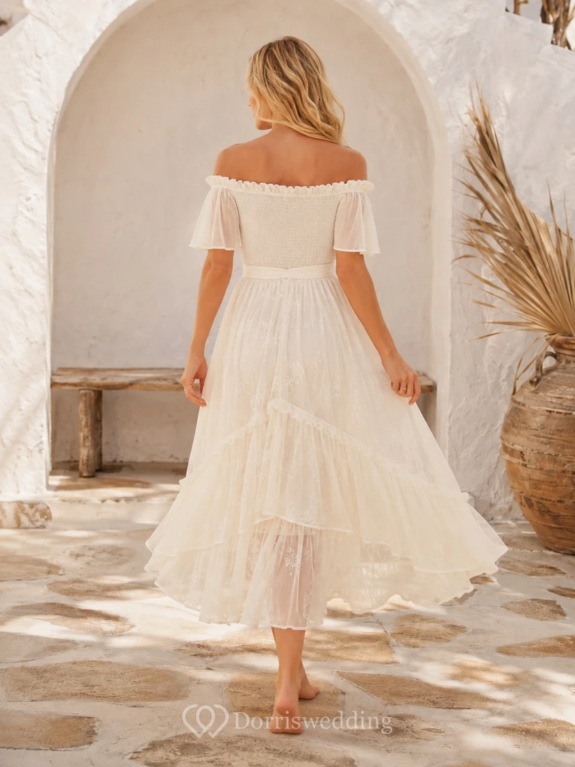 Romantic Off Shoulder Tiered Tulle A Line Ankle Length Bridal Wedding Dress view 2