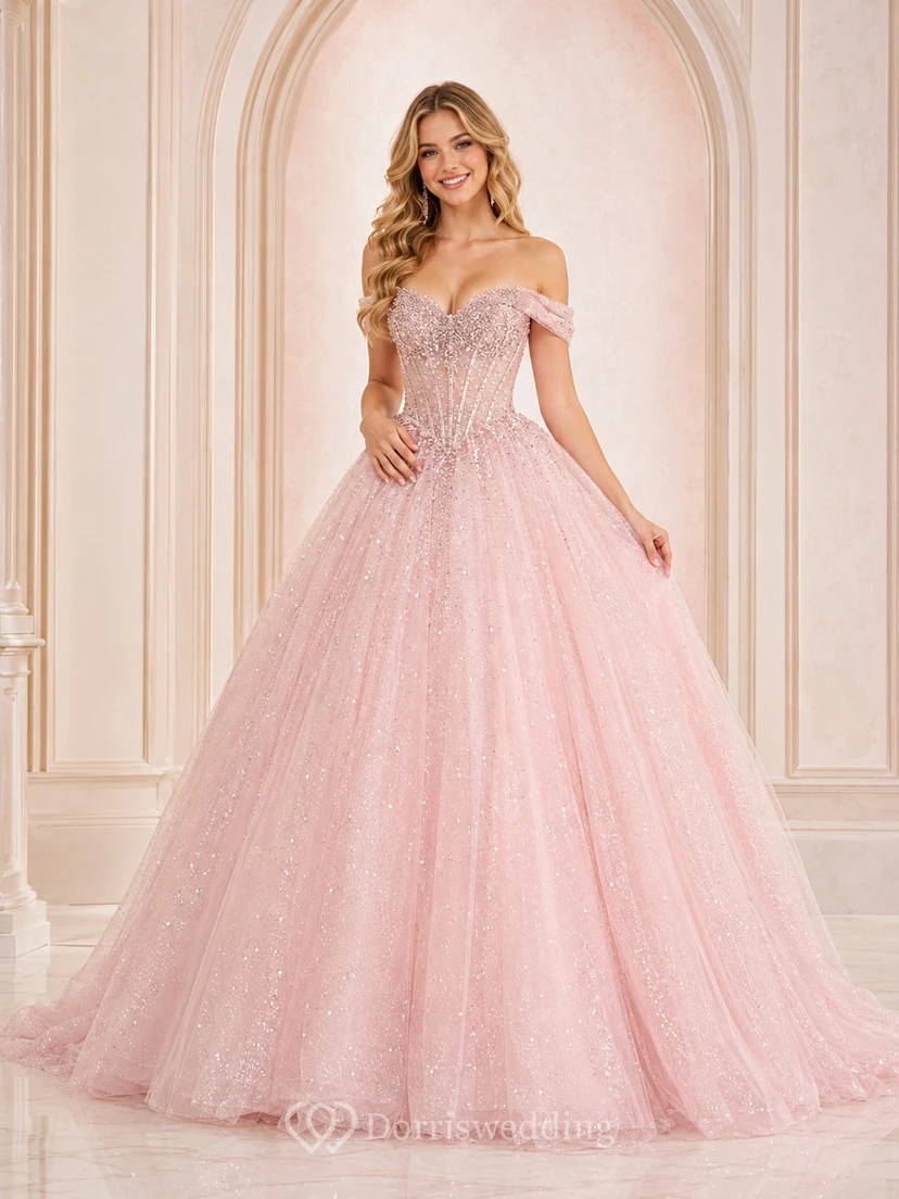 Blush Off Shoulder Sparkle Tulle Ball Gown Sweet Sixteen Prom Formal Dress
