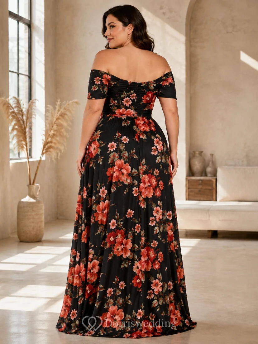 Bohemian Plus Size Black Floral Chiffon A-Line Floor-Length Off-Shoulder Dress view 2
