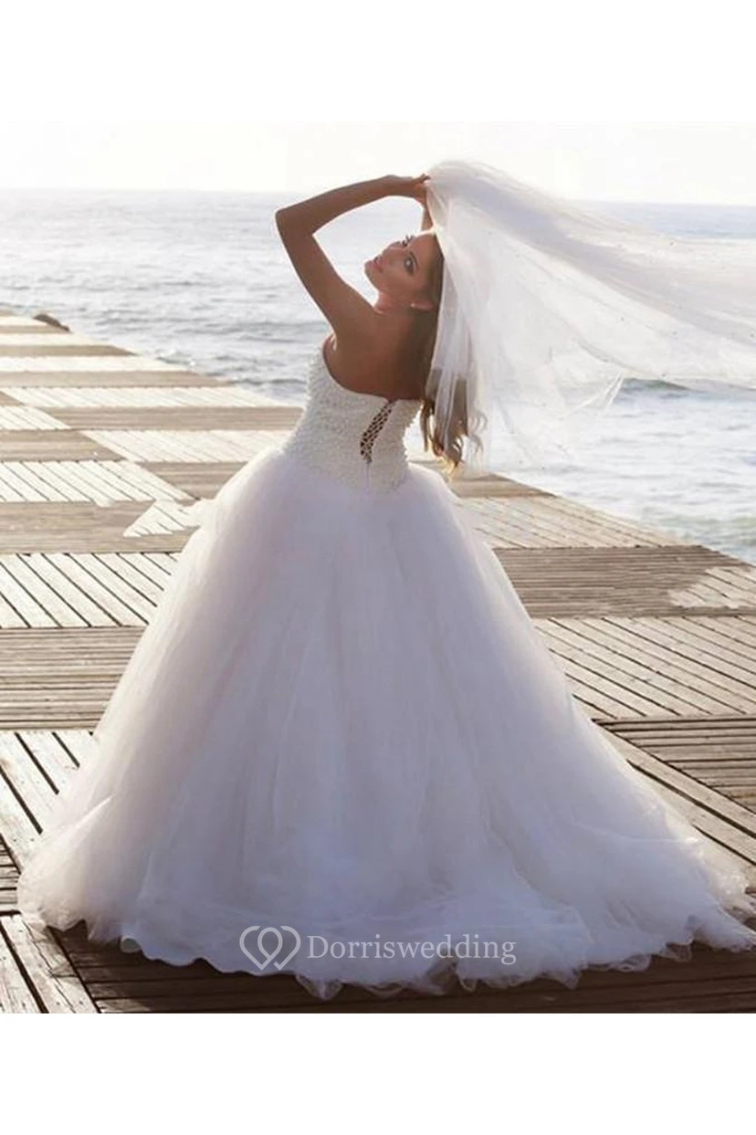 Timeless Tulle Beadings White Wedding Dress Plus Size Lace-up Sweetheart view 3