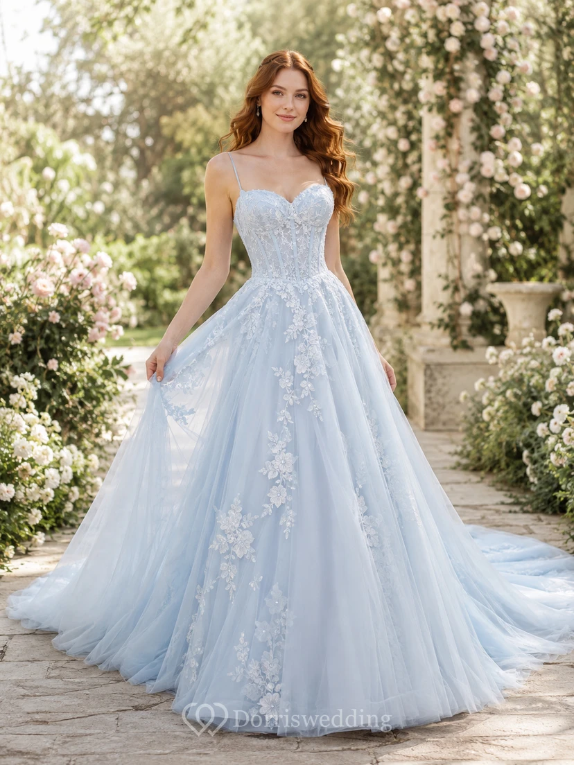 Sky Blue Sweetheart Lace Corset Tulle Ball Gown Wedding Dress