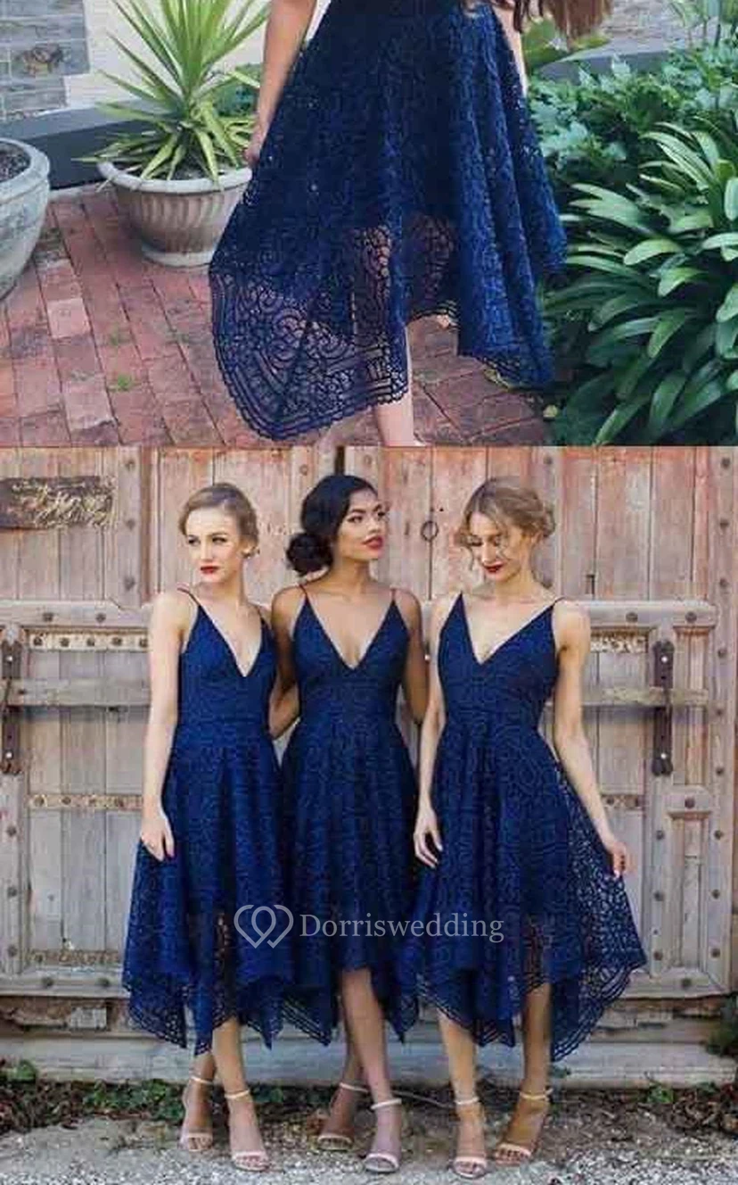 Spaghetti Lace Blush Pink A-line Tea-length Bridesmaid Dress view 2