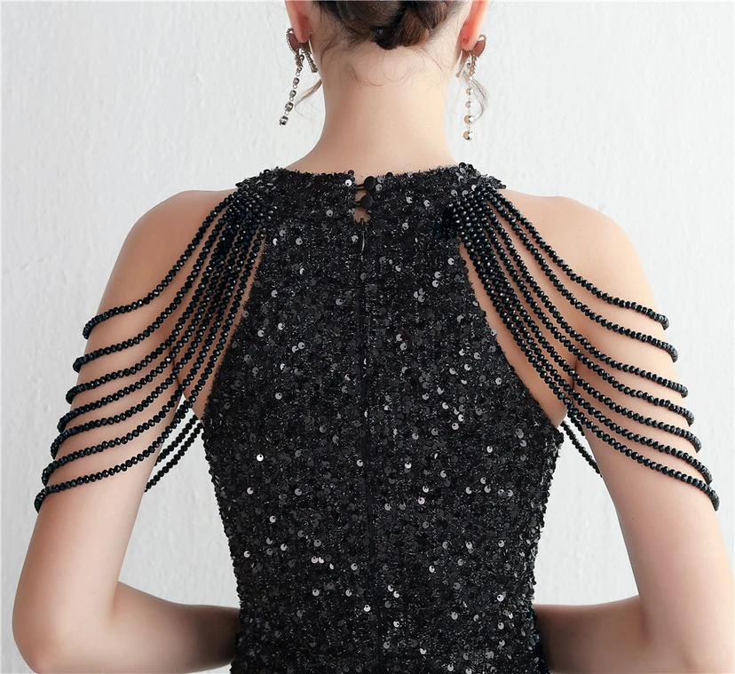 Heavy-Duty Glass Bead Craft Beaded Banquet Evening Dress Temperament Elegant Long Halter Neck Slit Sequins view 67