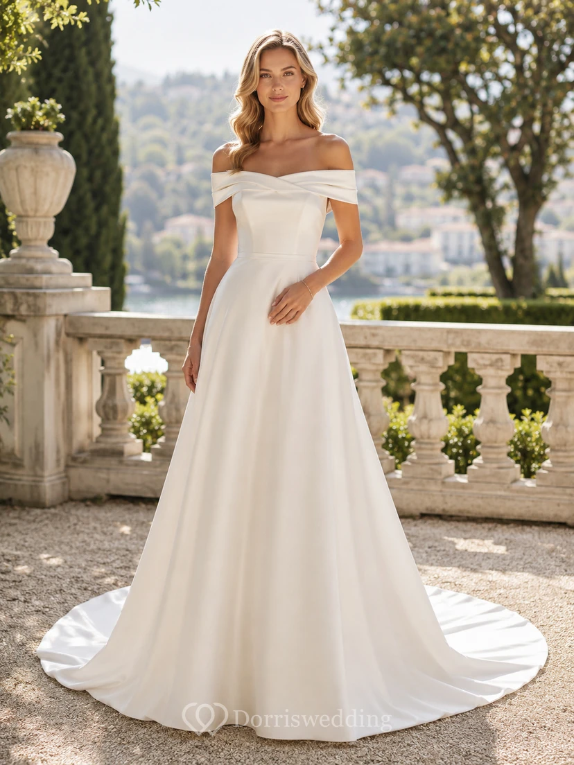Minimalist Satin Wedding Dress A-Line Off Shoulder Court Train Bridal Gown