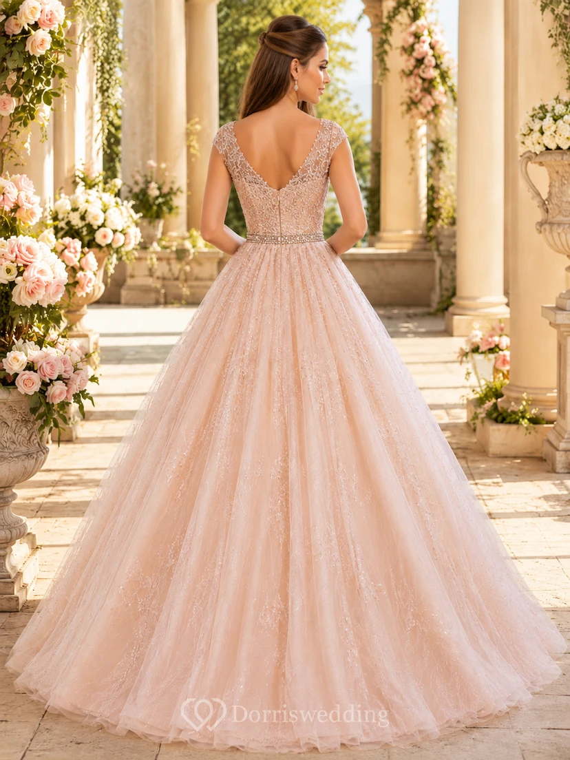 Champagnerfarbenes Glitzer-Ballkleid für die Feria-Gala, bodenlang, V-Ausschnitt view 2
